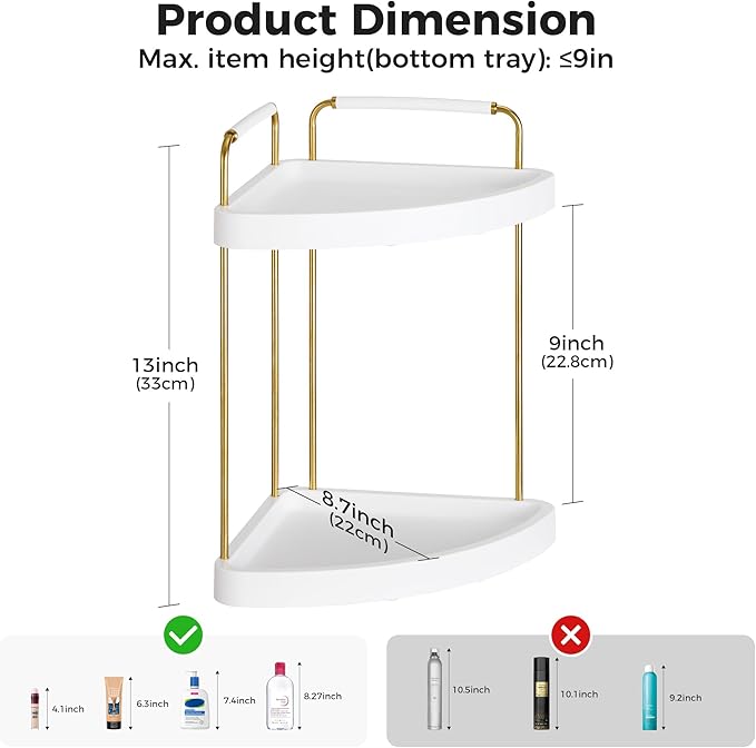 Vtopmart 2-Tier Bathroom Corner Countertop Organizer, Vanity Dresser Counter Tray Shelf for Skincare, Perfume, Makeup, Gold