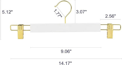 Amber Home 24 Pack 14.17" Solid White Wooden Pant Skirt Hangers with Gold Hook, Bottom Hangers for Slacks Trousers Jeans with 2-Adjustable Gold Clips (White, 24 Pack)