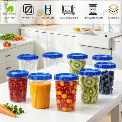 10 Pack 34oz Reusable Freezer Food Storage Containers with Twist Top Lids, Airtight Plastic Meal Prep Food Containers for Leftover Lunch Fruit Salad Oats, Clear Large Soup Container Microwave Safe