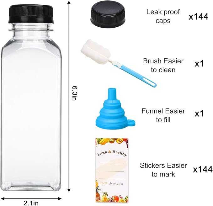 Moretoes 144pcs 12oz Plastic Juice Bottles with Lids, Reusable Clear Bulk Juice Containers for Juicing, Smoothies, Drinking and Other Beverages