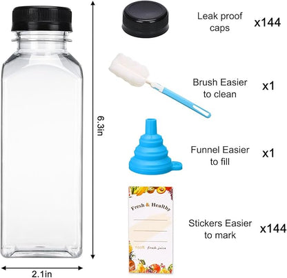 Moretoes 144pcs 12oz Plastic Juice Bottles with Lids, Reusable Clear Bulk Juice Containers for Juicing, Smoothies, Drinking and Other Beverages