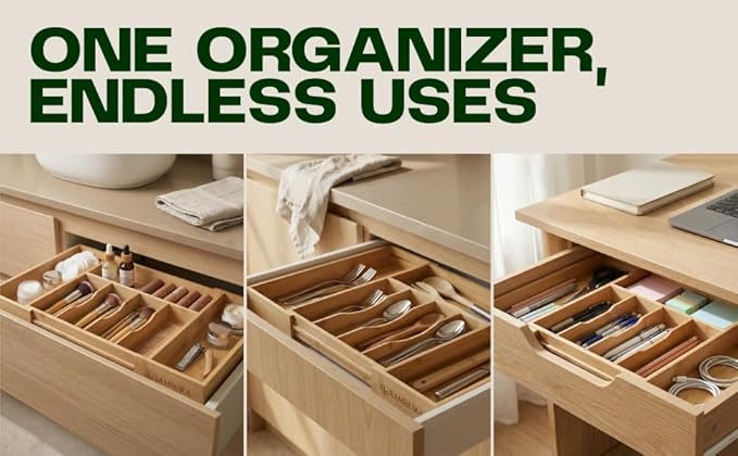 Premium Bamboo Utensil Drawer Organizer Expandable – Modular Silverware Organizer Adjustable Design w/Deep Compartments, Kitchen, & Office Drawer Dividers for Utensils, Cutlery, Makeup, Desk