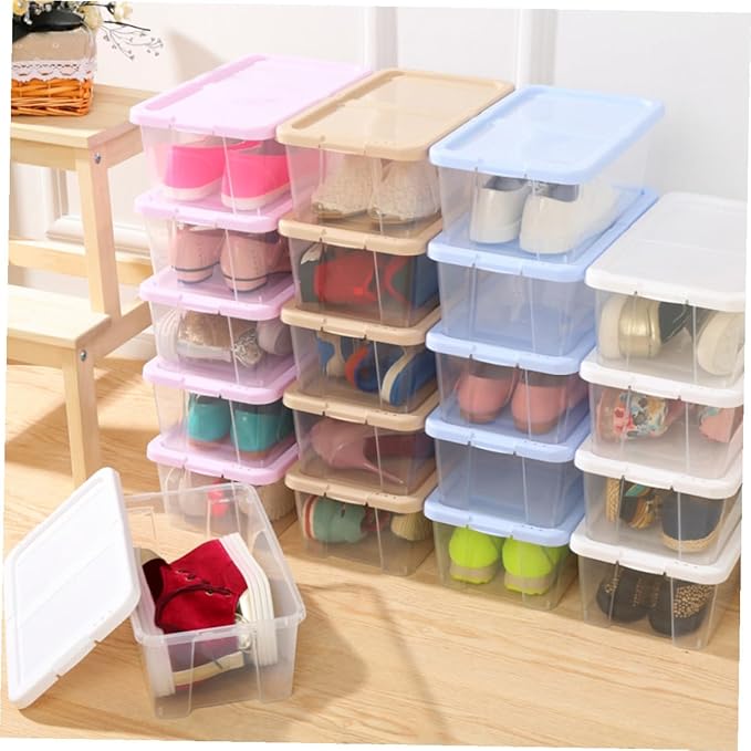 2pcs Stackable Plastic Shoes Storage Boxes with Lids, Shoe Organizer Cases for Household Closet and Kitchen Storage