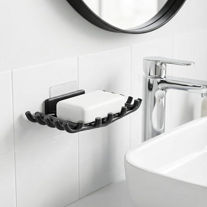 Bar Soap Holder for Shower Wall, Self Draining Plastic Bar Soap Dish Tray Container Case for Bathroom Sink, Adhesive Shower Soap Dish Holder Wall Mounted, Black 2 Pack