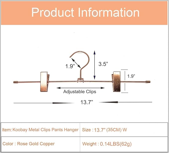 30Pack KOOBAY 13.7" Rose Gold Metal Heavy Duty Clips Pants Hangers Trousers with Swivel Hook