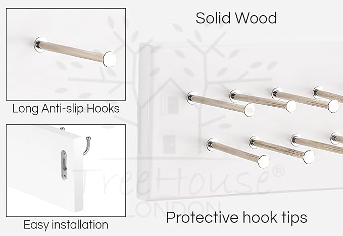 TreeHouse London Tie Rack Organizer – Holds 40 Large Ties – Solid Wood & Sturdy Metal Storage Holder for Closet – Wall Mounted Tie Display Hanger for Wall, Bedroom (White) 16''L x 4.25''H