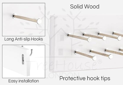 TreeHouse London Tie Rack Organizer – Holds 40 Large Ties – Solid Wood & Sturdy Metal Storage Holder for Closet – Wall Mounted Tie Display Hanger for Wall, Bedroom (White) 16''L x 4.25''H