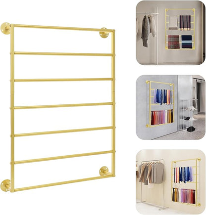 Wall Mounted Display Rack, 7-Tier Wall Mounted Scarf Rack, Gold Towels Storage Rack, Wrapping Paper Ribbon Organizer, Metal Wall Display Rack for Bedroom, Retail Store, Flower Shop