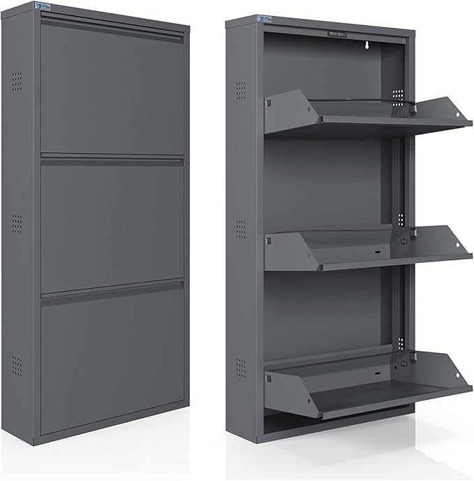 CEHA 3 Tier Metal Shoe Cabinet with Cover, Durable Shoe Storage Organizer for Entryway, Space Saving Shoe Shelf Closet with Side Ventilation Holes, 5.91" x 40.6" x 19.68", Anthracite