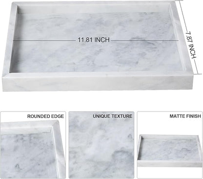Natural Marble Vanity Tray - 4.66 lbs (2.1kg) Ultra-Heavy Solid Stone Tray - 11.8" x 7.9" Rectangle Bathroom Organizer for Perfume & Jewelry - Non-Slip Silicone Pads - White & Gray