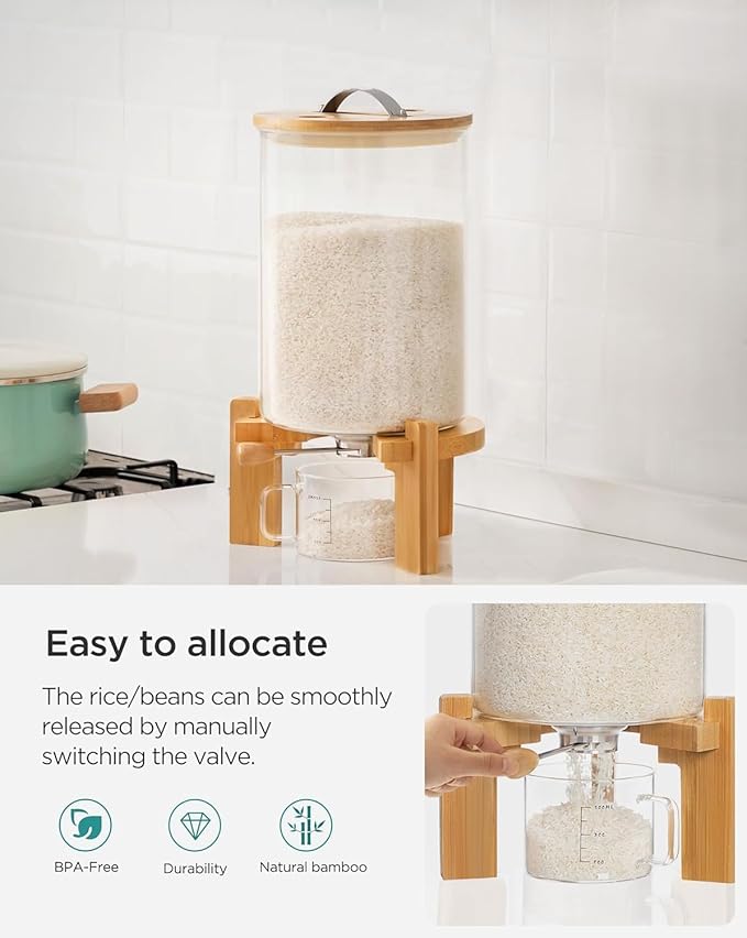 HBlife Glass Rice Dispenser with Wooden Stand Flour and Cereal Container with Glass Measuring Cup Pantry Food Organization Storage Bin with Airtight Bamboo Lid, 3L+5L