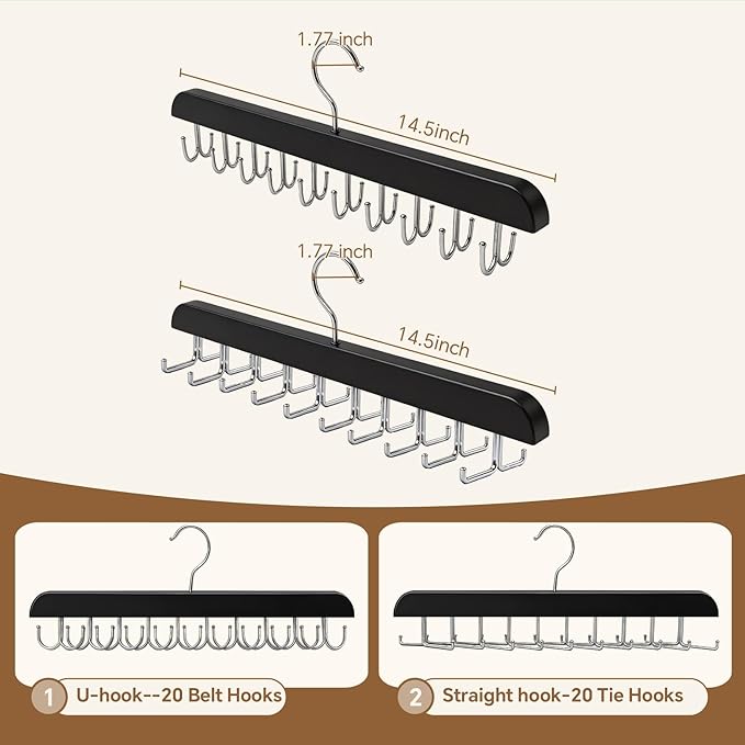 2 Pack Tie Rack and Belt Hanger 40 Hooks 360 Swivel Foldable Wooden Closet Rod Organizer Space Saving for Ties Belts Hats Bras Tank Tops Black
