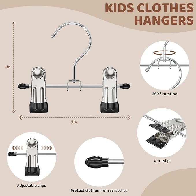 12 Pack Baby Hangers with Clips, 360°Rotatable Toddler Pant Hangers with Clips, Non-Slip Space Saving Kids Hanger for Newborn Children Clothes Skirts Boots Closet Organizers, Black