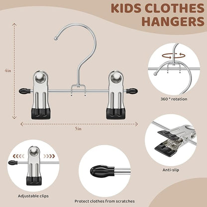 24 Pack Baby Hangers with Clips, 360°Rotatable Toddler Pant Hangers with Clips, Non-Slip Space Saving Kids Hanger for Newborn Children Clothes Skirts Boots Closet Organizers, Black