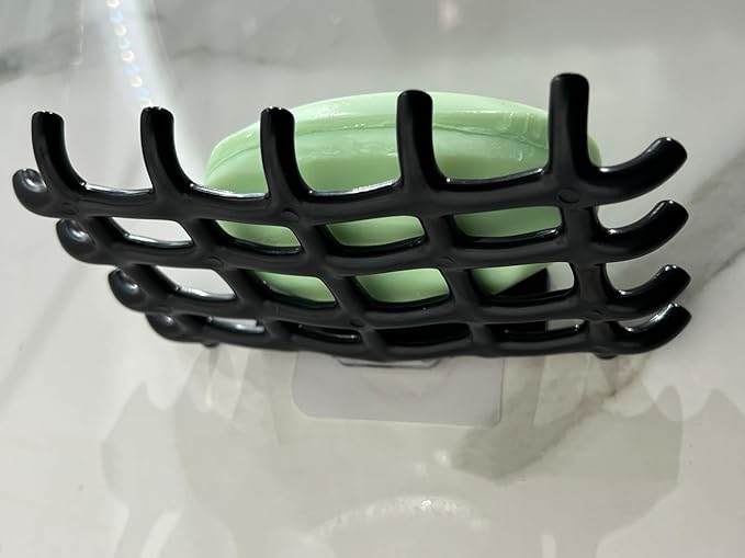 2-Pack Adhesive Bar Soap Holder, No-Drill Wall Mounted Soap Dish for Shower, Self-Draining Soap Saver with Grid Design, Plastic Soap Rack for Bathroom, Kitchen (Black)