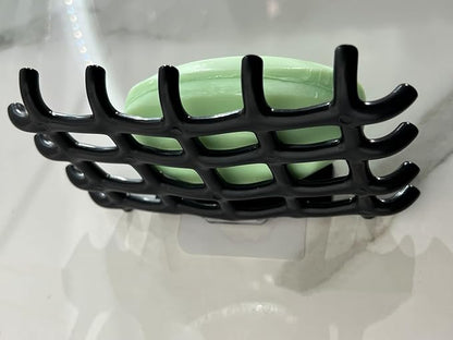 2-Pack Adhesive Bar Soap Holder, No-Drill Wall Mounted Soap Dish for Shower, Self-Draining Soap Saver with Grid Design, Plastic Soap Rack for Bathroom, Kitchen (Black)