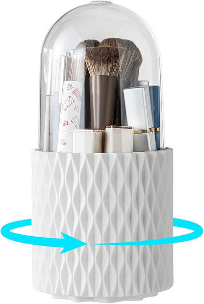Makeup Brush Holder with Lid, 360° Rotating Dustproof 5-Slot Cosmetic Organizer for Vanity Countertop, Spinning Brush Caddy with Cover for Lipstick, Hair Brush & Art Supply, White