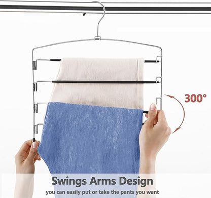 FeeraHozer Pants Hangers Non Slip 3 Pack Space Saving Hangers Multi-Layer Swing Arm Pants Hanger Stainless Steel Space Saver Hanger Closet Storage Organizer for Jeans Trouser Slacks Clothes (Black)