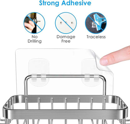 ODesign Soap Dish Holder SUS304 Stainless Steel with 6 Hooks Loofah Bath Sponge Towel Razor Holder for Bathroom Shower Kitchen Adhesive Wall Mounted No Drilling-Silver-2 Pack