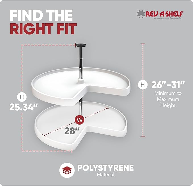Rev-A-Shelf 28" Kidney Shaped Dual Tier Lazy Susan Organizer for Corner Base Kitchen Cabinets, Plastic Home Storage Shelves, 28" W x 22.5" D x 26" H, White, 3472-28-11-52