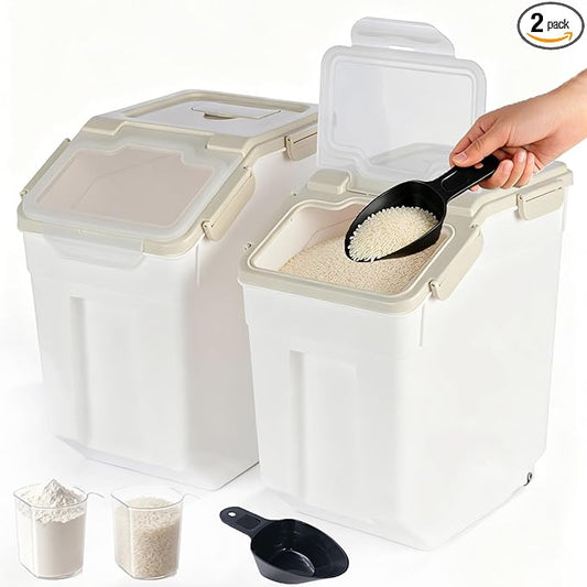RUIAN 2Pcs Large Flour Storage Container Bin 25Lb Airtight Rice Storage Containers with Wheels Seal Locking Lid, BPA Free with Measuring Cup&Scoop for Flour, Rice, Grain 50LB Total (Gray)
