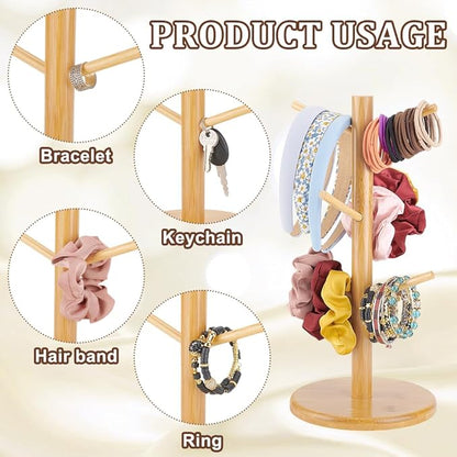 PH PandaHall Wooden Scrunchie Holder Hair Tie Headband Storage Organizer Portable Watch Holder 6 Branches Bracelet Jewellery Dresser Display Stand for Home Bedroom Housewarming Gift 14x6.3