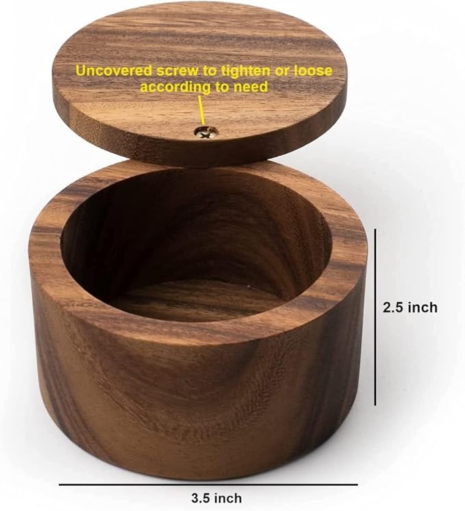 KH Acacia Wood Salt or Spice Box with Swivel Cover perfect for keeping table salt, Salt Cellers, gourmet salts, herbs or favorite seasonings, 3.5 (dia) x 2.5 Inch (height)