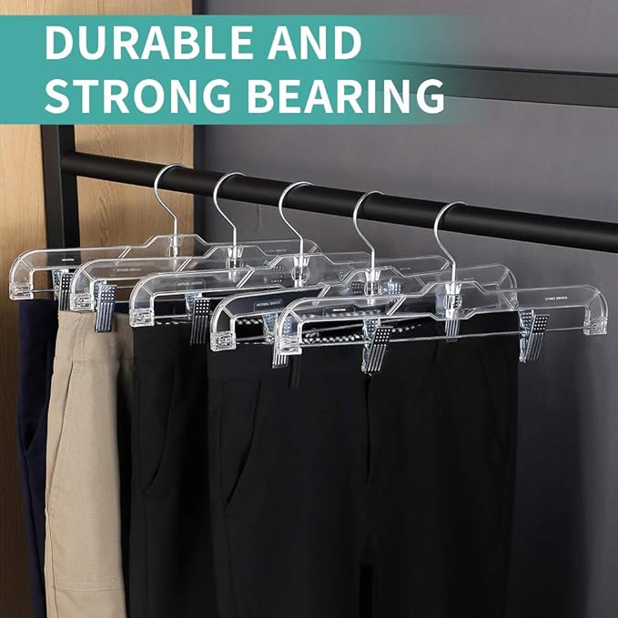 Crystal Clear Plastic Pants Hangers 20 Pack, with Strong Metal Clips, Skirts, Trousers, Trunks, Swim Suits, Teenagers, Heavy Duty, Acrylic 11 inch