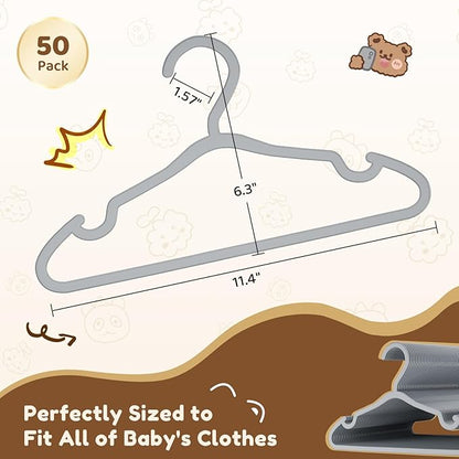 VILICK Plastic Kids Hangers - 50 Pack Non-Slip Baby Clothes Hangers for Closet, Toddler & Newborn Clothing Pants, Skirts, Coats (Grey)