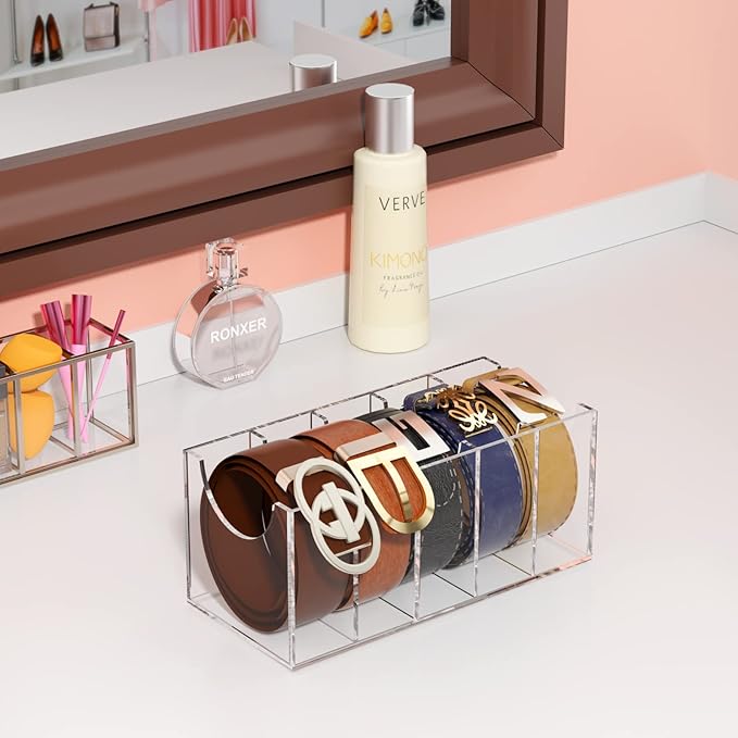 FEMELI Belt Organizer, Acrylic 5 Compartments Container Storage Holder, Clear Display Case for Closet Tie and Bow Tie