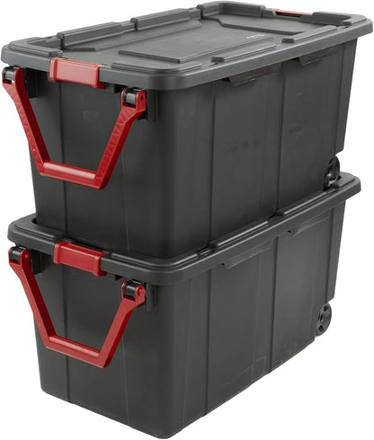 40-Gallon Wheeled Storage Bins (2-Pack) - Heavy Duty Plastic Totes with Lids & Handles - Industrial Garage/Utility Containers for Tools, Camping Gear (36.9" x 21.4") (Black)