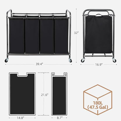 STORAGE MANIAC Laundry Sorter 4 Section, 47.8 Gal (181 L) Laundry Hamper with Wheels, Clothes Divider Basket Sorter, Clothes Separator Hamper Cart with Wheels and Removable Bags, Black