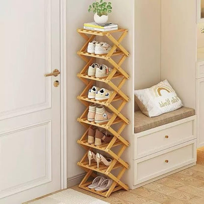 Foldable Shoe Rack, Bamboo Vertical Shoe Organizer Tall for Small Spaces. Multifunctional Narrow Shoe Shelf for Entryway, Closet, Corner, Bedroom, Hallway, Wood Color 8 Layers