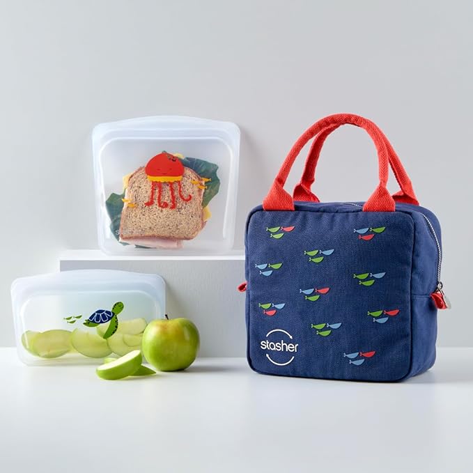 Stasher Silicone Reusable Storage Bags & Insulated Lunch Bag, 3-Pack, Reusable Freezer Bags, Microwave, Dishwasher, Oven Safe, Sous Vide, Lunch Containers, Eco Friendly, Food Storage Bags, Clear | Insulated Lunch Bag