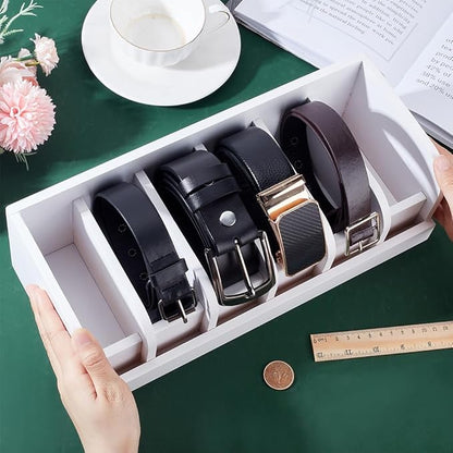 UNICRAFTALE 35cm White Wood Belts Organizer Box Belt Organizer Tie and Belt Storage Holders 6-Compartment Belts Organizer and Displayer for Closet and Drawer Organizer Men Women