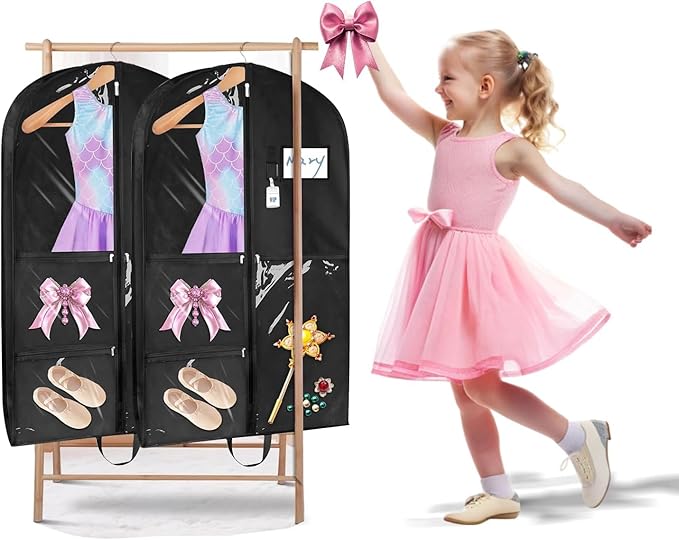 Sishynio Garment Bags for Dance Costumes 3 Pack, 43 Inch Black Kids Garment Bag with 5 Pockets, Waterproof Hanging Clothes Bag for Dance Competitions Cheer Uniform Suit Travel