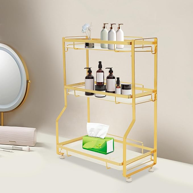 3 Tier Bathroom Countertop Organizer, Gold Bathroom Vanity Counter Organizer with Small Storage Basket for Skincare Makeup Perfume (White)