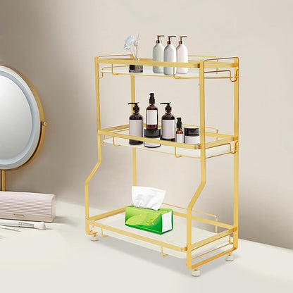 3 Tier Bathroom Countertop Organizer, Gold Bathroom Vanity Counter Organizer with Small Storage Basket for Skincare Makeup Perfume (White)