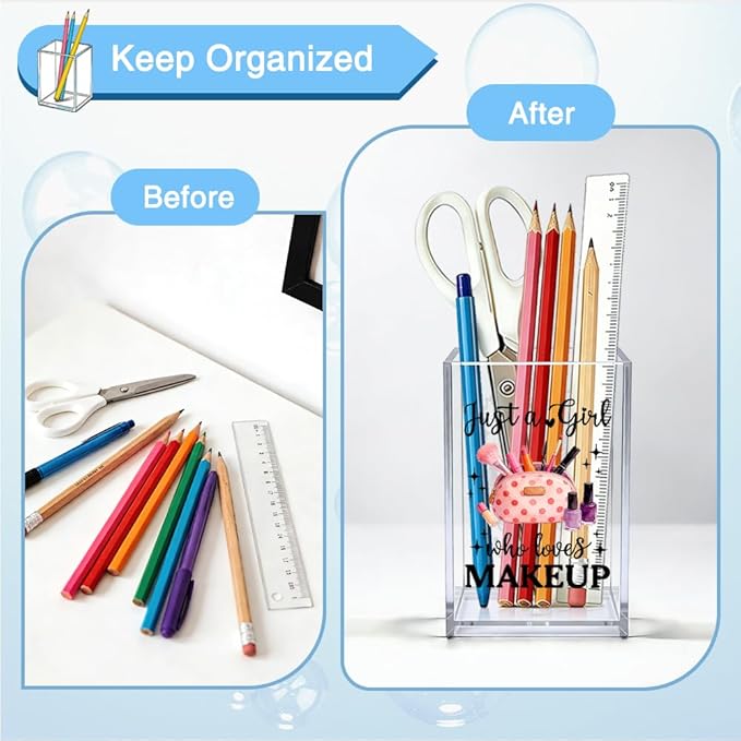 Just A Girl Who Loves Makeup Acrylic Makeup Brush Holder, Makeup Lover Gifts for Women Girl Daughter Sister Friend, Cute Cosmetic Desk Organizer for Vanity Office Bathroom, Clear Pencil Cup