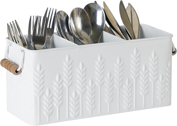 Silverware Caddy for Party Kitchen Flatware Holder for Countertop Metal White Ear of Wheat Pattern Embossed Cutlery Organizer with 3 Compartments for Utensils, Spoons, Knives, Forks