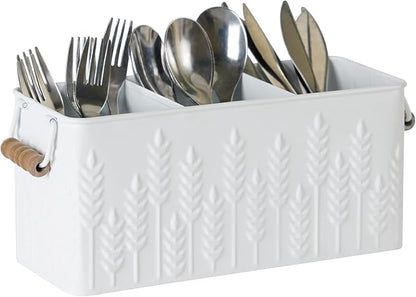 Silverware Caddy for Party Kitchen Flatware Holder for Countertop Metal White Ear of Wheat Pattern Embossed Cutlery Organizer with 3 Compartments for Utensils, Spoons, Knives, Forks