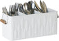 Silverware Caddy for Party Kitchen Flatware Holder for Countertop Metal White Ear of Wheat Pattern Embossed Cutlery Organizer with 3 Compartments for Utensils, Spoons, Knives, Forks