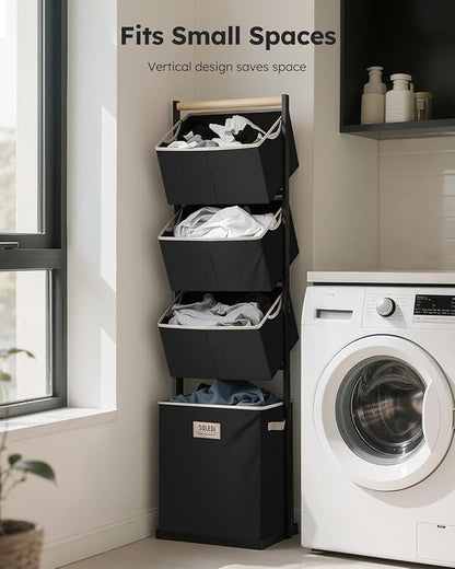 SOLEDI 4 Section Laundry Hamper Sorter, Stackable Laundry Basket Organizer with Removable Basket, 125L 4-Tier Vertical Laundry Sorter for Small Space, Laundry Room, Dorm, Bathroom, Wardrobe Black