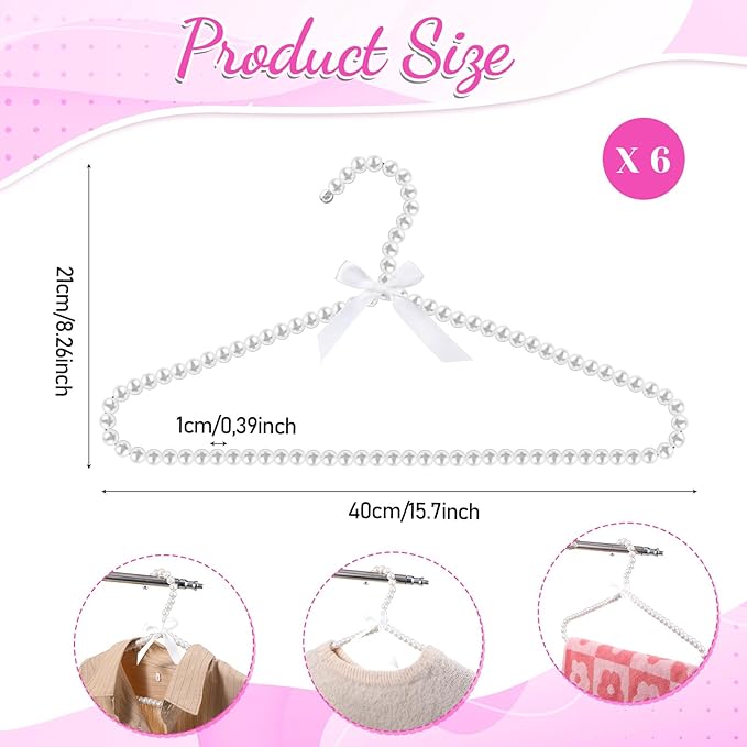 SHENLIU 6 Pack Pearl Clothes Hangers, Elegant Bridesmaid Hangers with White Ribbon Trim Hanger, Closet Coat Storage Organizer Bowknot Standard Wedding Hanger for Wedding Engagement Gowns Suits Shirts