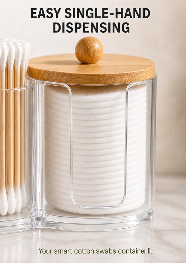 2-in-1 Cotton Round Holder & Cotton Swab Holder with Bamboo Lid - Clear Plastic Cotton Pad Dispenser, Shatterproof Dual Compartment Bathroom Container for Cotton Balls & Vanity Storage