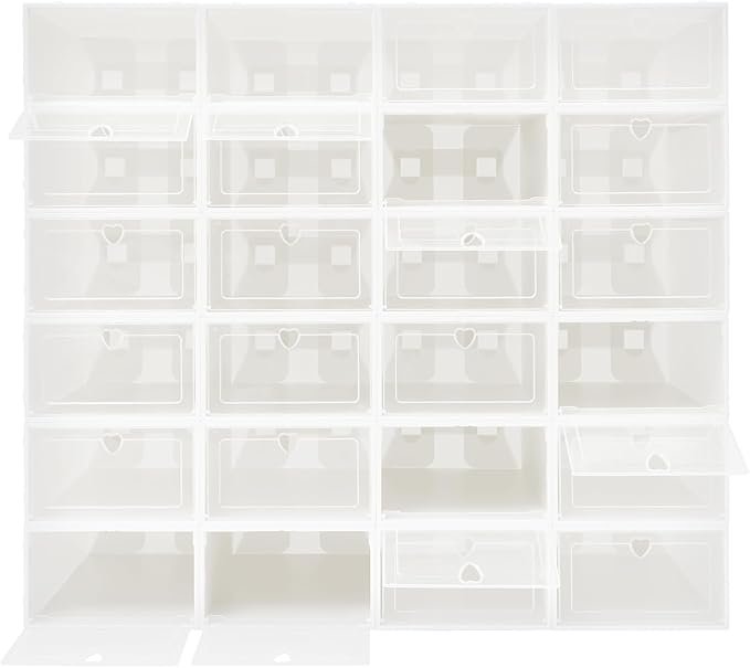 24Pcs Shoe Storage Box, Portable Clear Plastic Stackable Shoe Boxes for Shoes, Stackable Shoe Organizer for Sneakers, High Heels, Canvas Shoes, Boots (White & Clear)