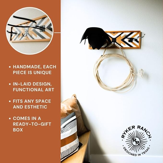 Ryker Ranch Cowboy Hat Rack for Wall | Western Hat Rack for Cowboy Hats | Wood and Metal Cowboy Hat Holder for Wall with Southwestern Style | Cowboy Hat Hanger for Western Decor