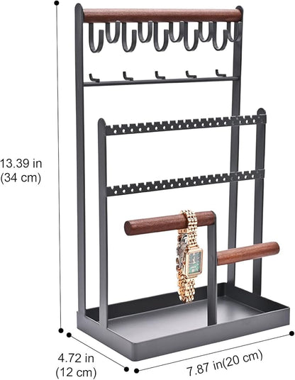 Lolalet Jewelry Holder Organizer Jewelry Stand, 6 Tier Jewelry Rack Necklace Holder Organizer with 15 Hooks and Bottom Tray, Jewelry Tower Display Storage Tree for Bracelets Earrings Rings -Grey