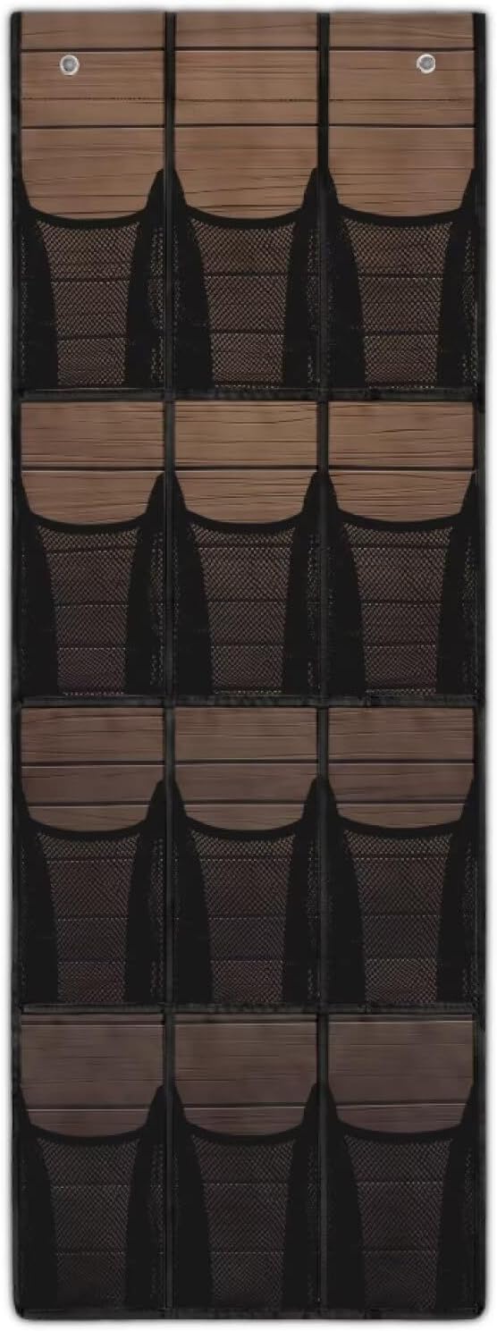 Wood Grain Over the Door Shoe Organizer 12 Large Mesh Pockets Shoe Rack for Door Foldable Hanger Storage Holder for Dorm Bedroom