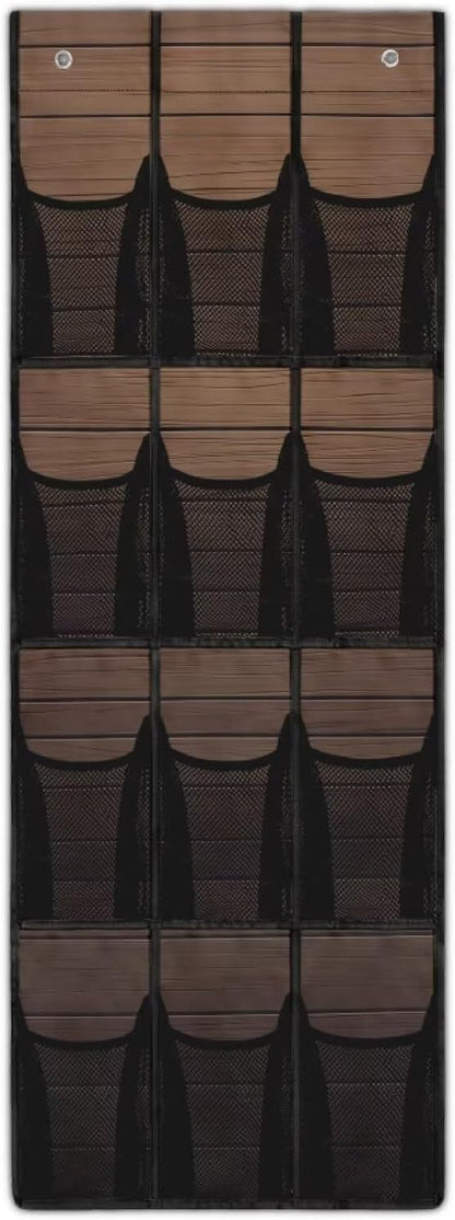 Wood Grain Over the Door Shoe Organizer 12 Large Mesh Pockets Shoe Rack for Door Foldable Hanger Storage Holder for Dorm Bedroom